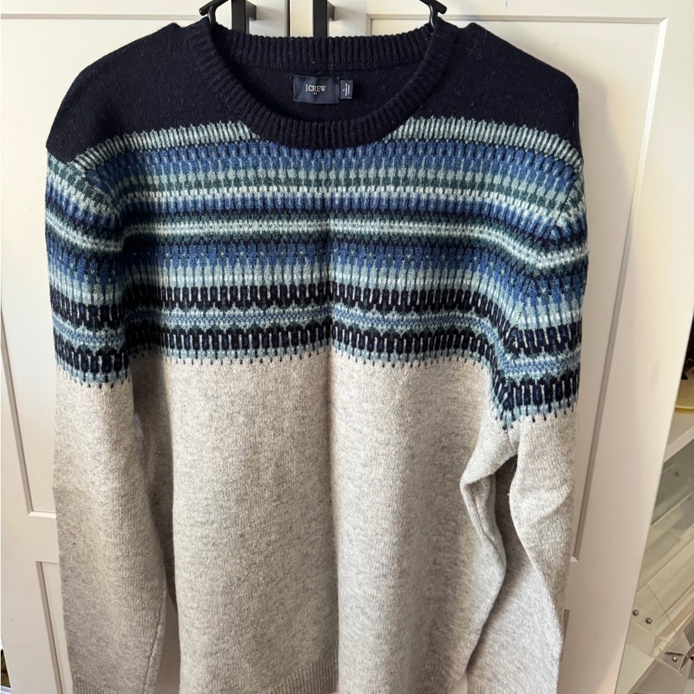 J. Crew Crewneck Sweater in Navy, Light Gray & Blue Fair Isle